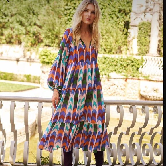 Oliphant Dresses & Skirts - Oliphant Cotton Silk Multicolor Bright Tiered Long Sleeve Whimsey Maxi Dress XS